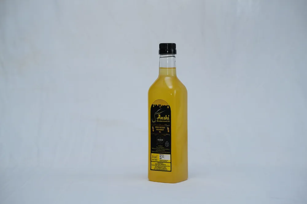 A one litre bottle of Anshi groundnut oil.