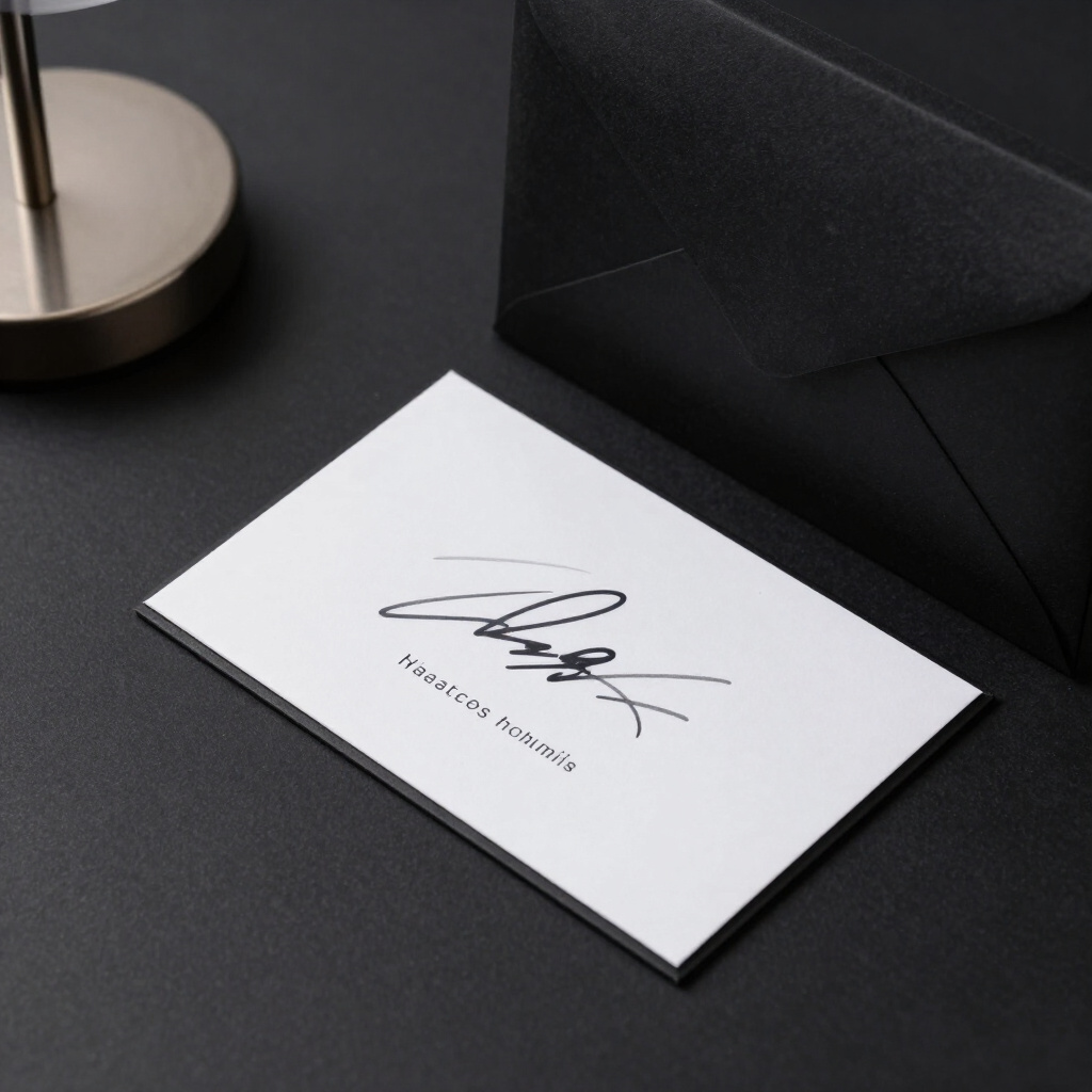A signed authenticity card resting against a black envelope.