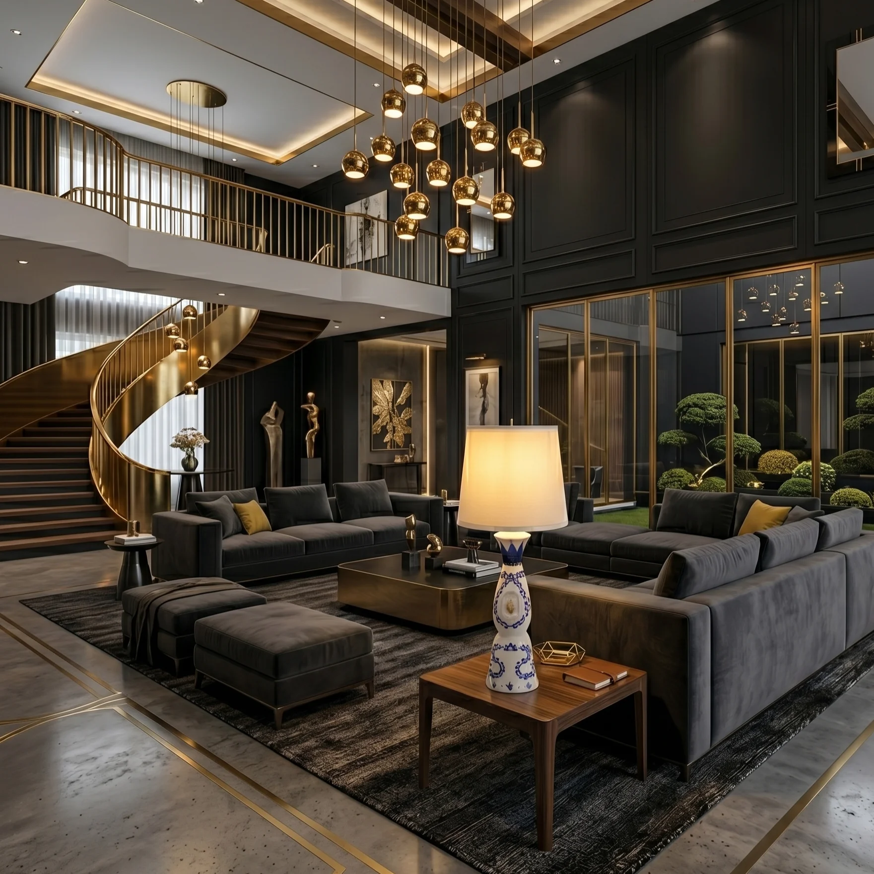The lamp lit on a side table in a double-height living hall, a brass staircase and pendant cluster behind it.