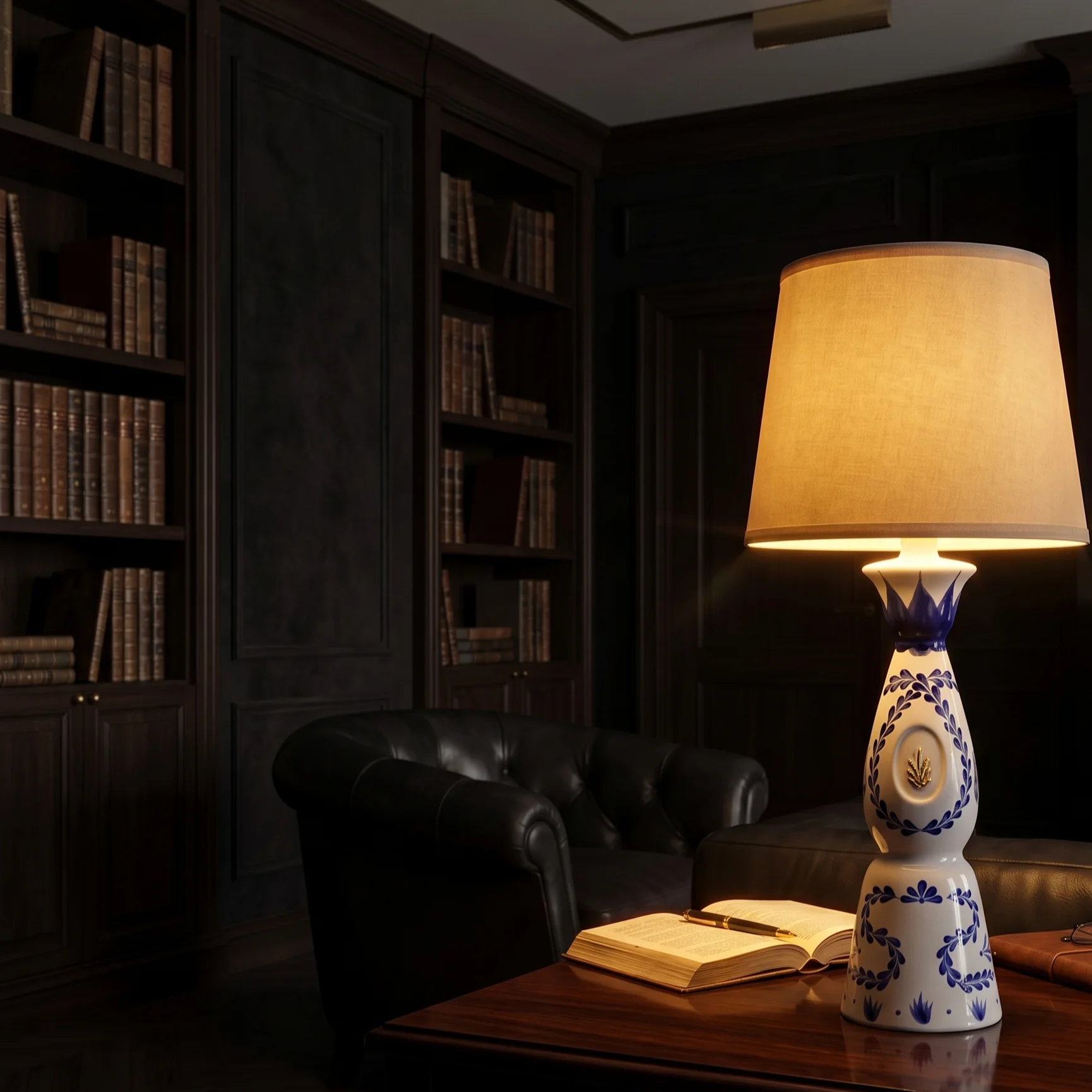 The lamp lit beside an open book in a dark panelled library, leather chesterfields and bookshelves behind.