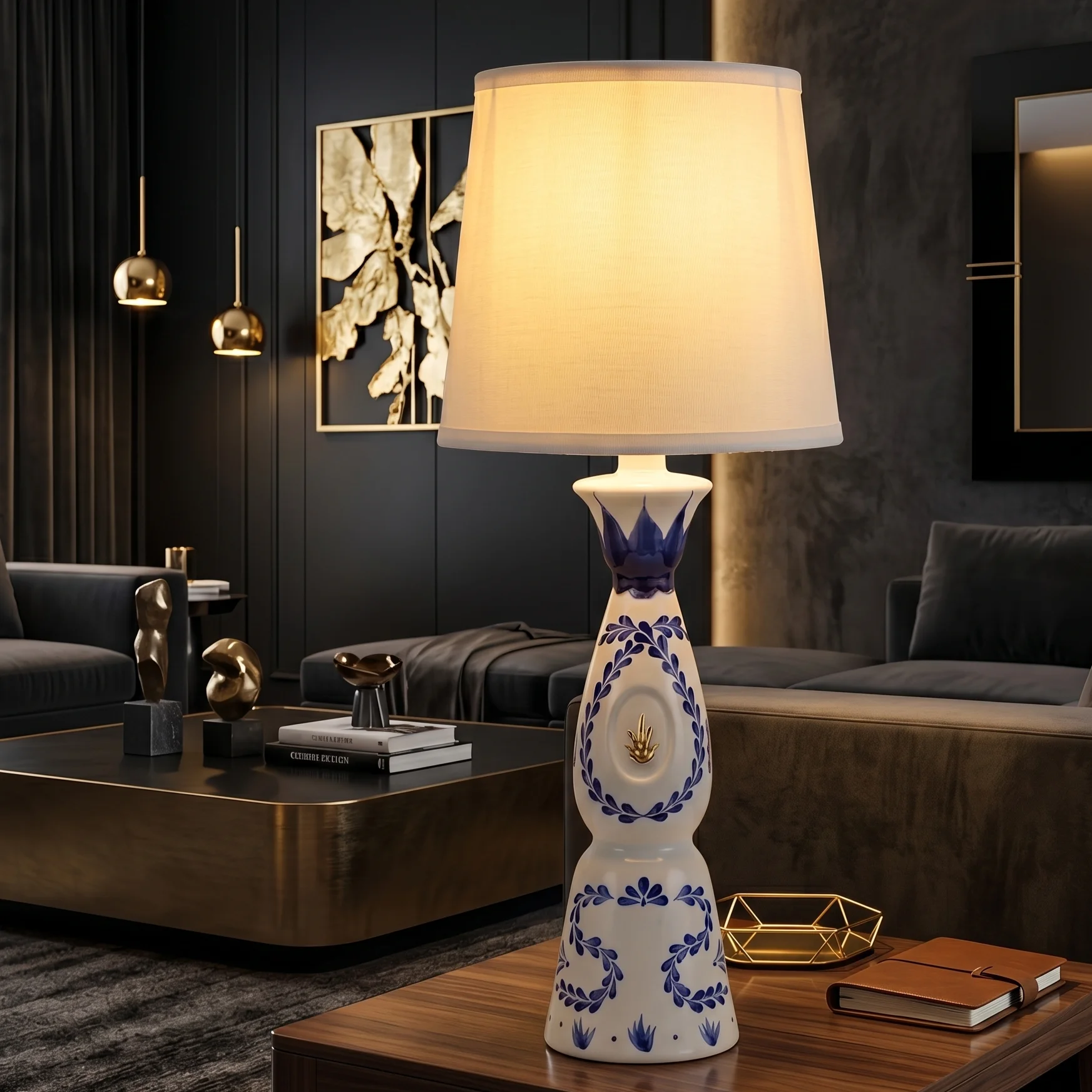The lamp lit on a walnut table in a dark panelled living room, gold artwork on the wall behind.