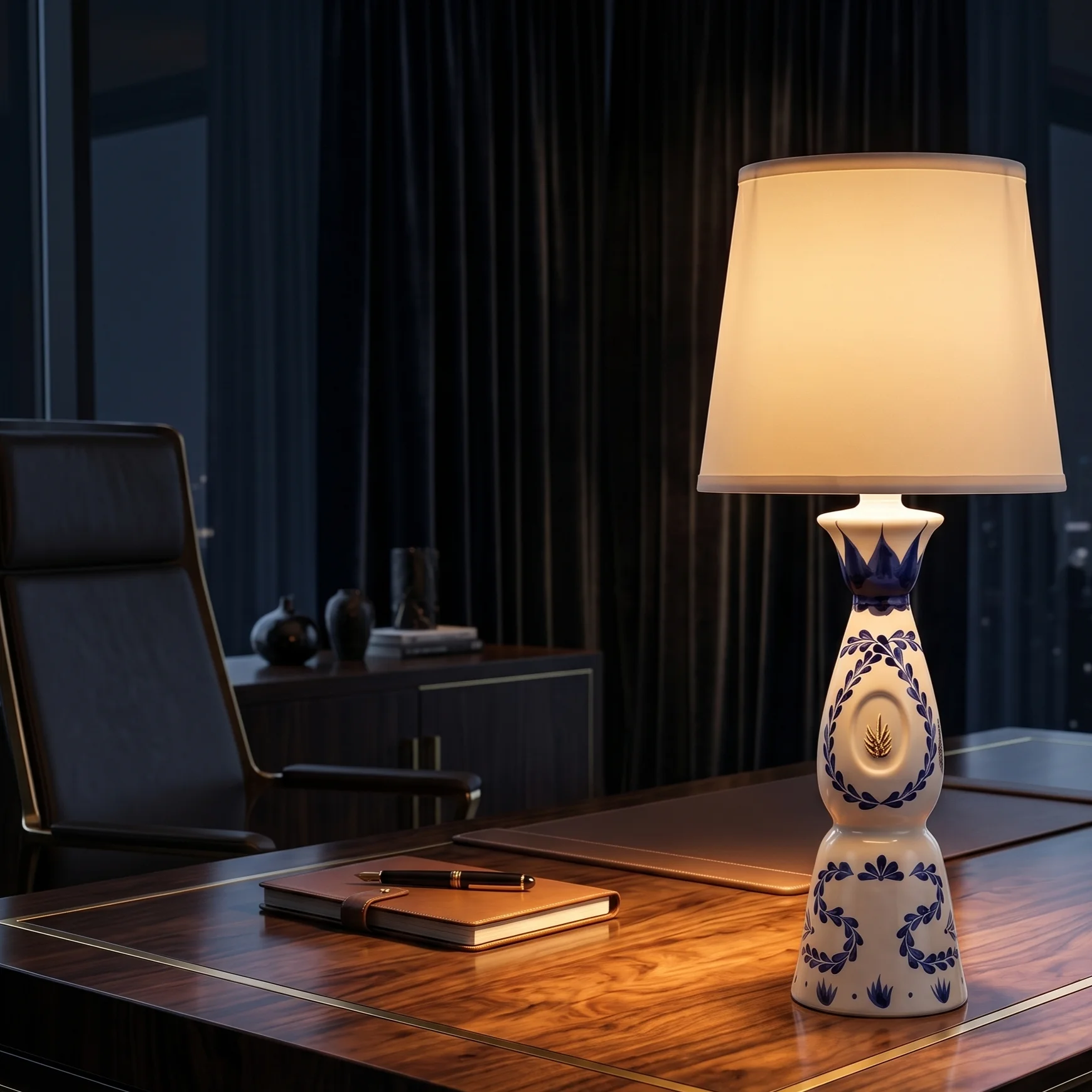 The lamp lit on a walnut desk at night, a notebook and fountain pen beside it and a city skyline beyond.