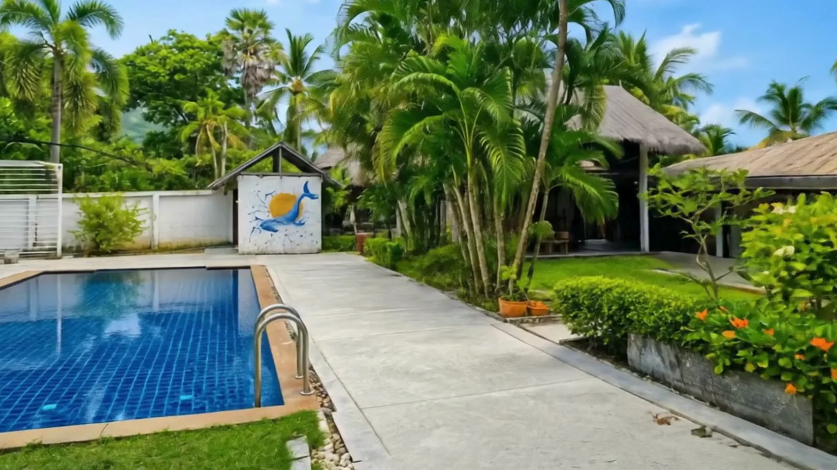 The pool at Naya Garden with the painted whale and sun mural