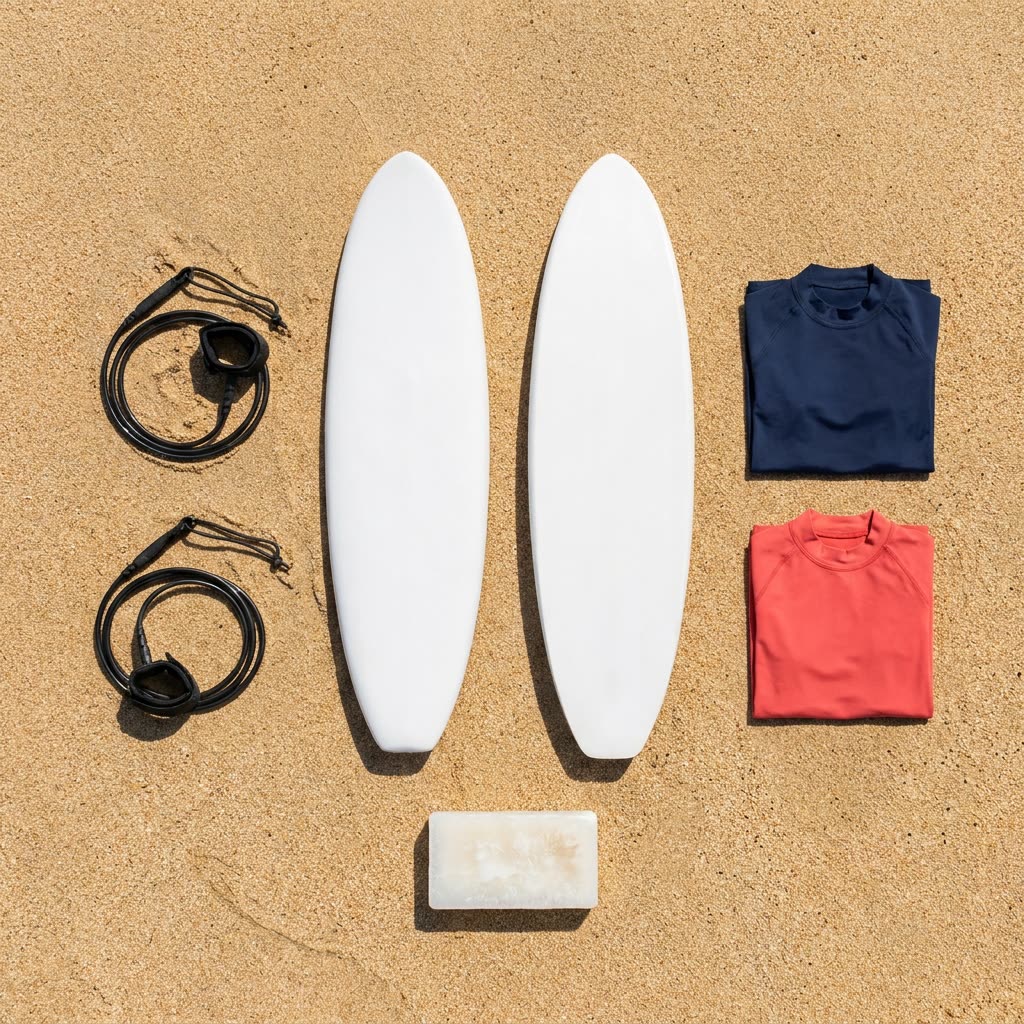Two white soft-top boards, leashes and rash guards laid out on the sand