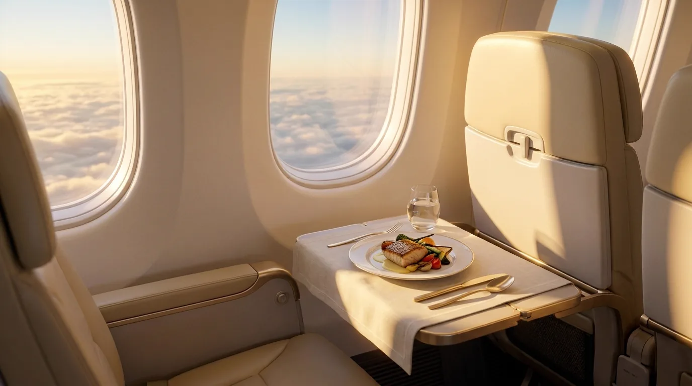 A tray table beside a large cabin window at golden hour, a single plated meal on cream linen with gold cutlery.