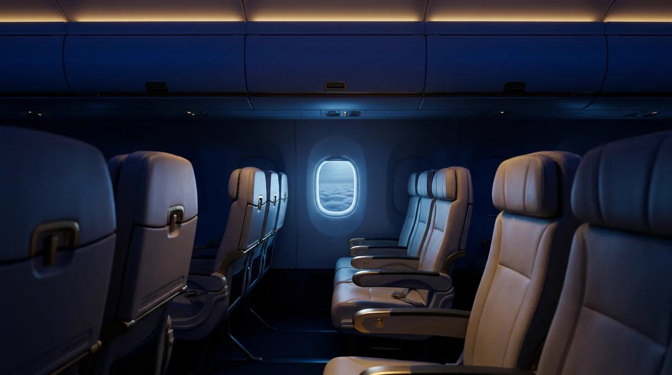 A darkened cabin at night, seats in shadow, a single window glowing with moonlight over cloud.