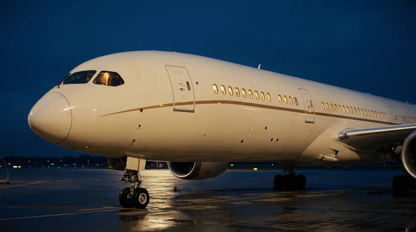 A cream-white airliner on a wet apron at dusk, its long line of cabin windows lit warm gold.