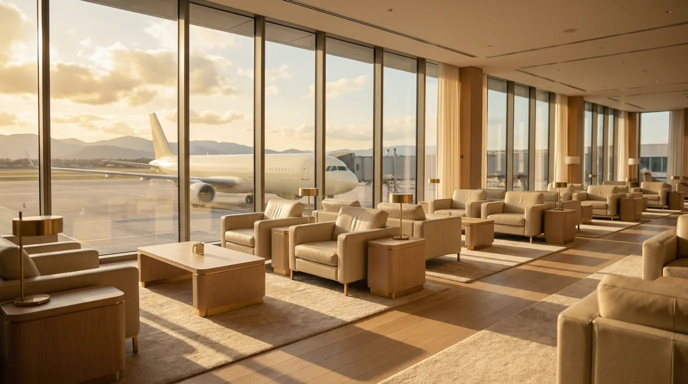 An empty airport lounge in late afternoon, cream armchairs facing floor-to-ceiling windows with an aircraft on the apron beyond.