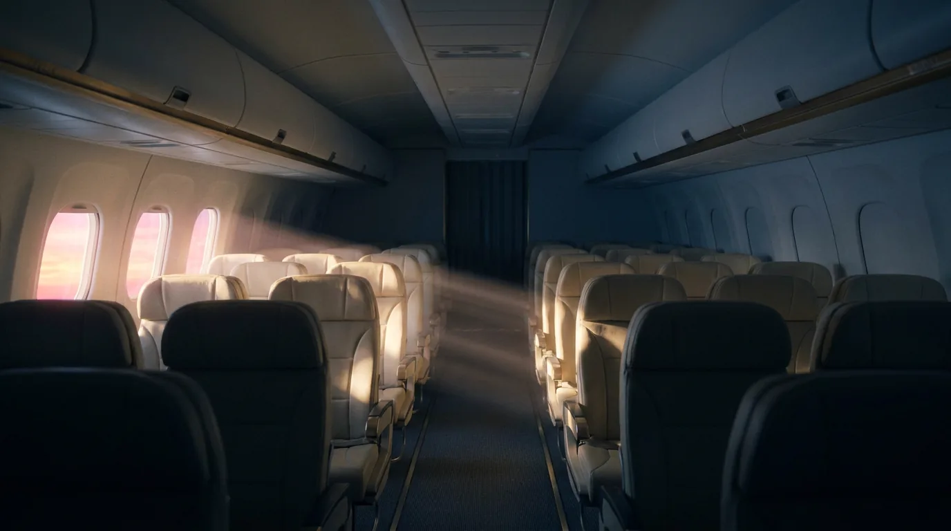 A dim cabin on a dawn descent, nearly every window shade pulled down, three open windows throwing blades of sunrise across the seats.