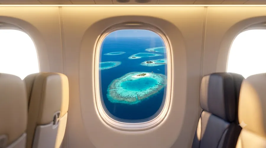 A cabin window looking out on a chain of atolls in a shallow sea.