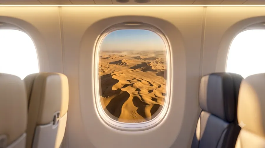 A cabin window looking out on the dunes of the Sahara.