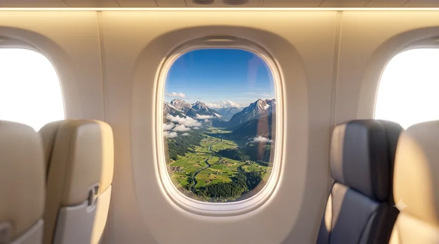 A cabin window looking out on an alpine valley in summer, mountains beyond.